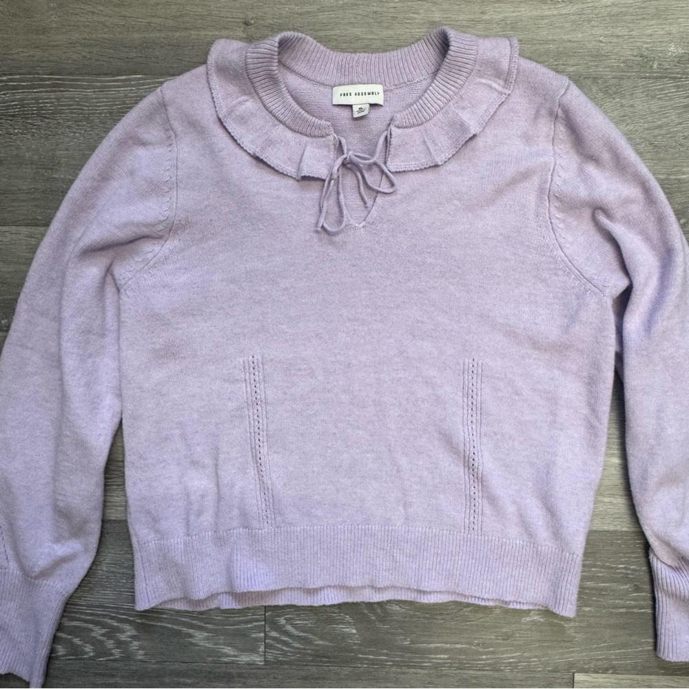 Free Assembly Purple Crew Neck Sweater with Ruffled Collar